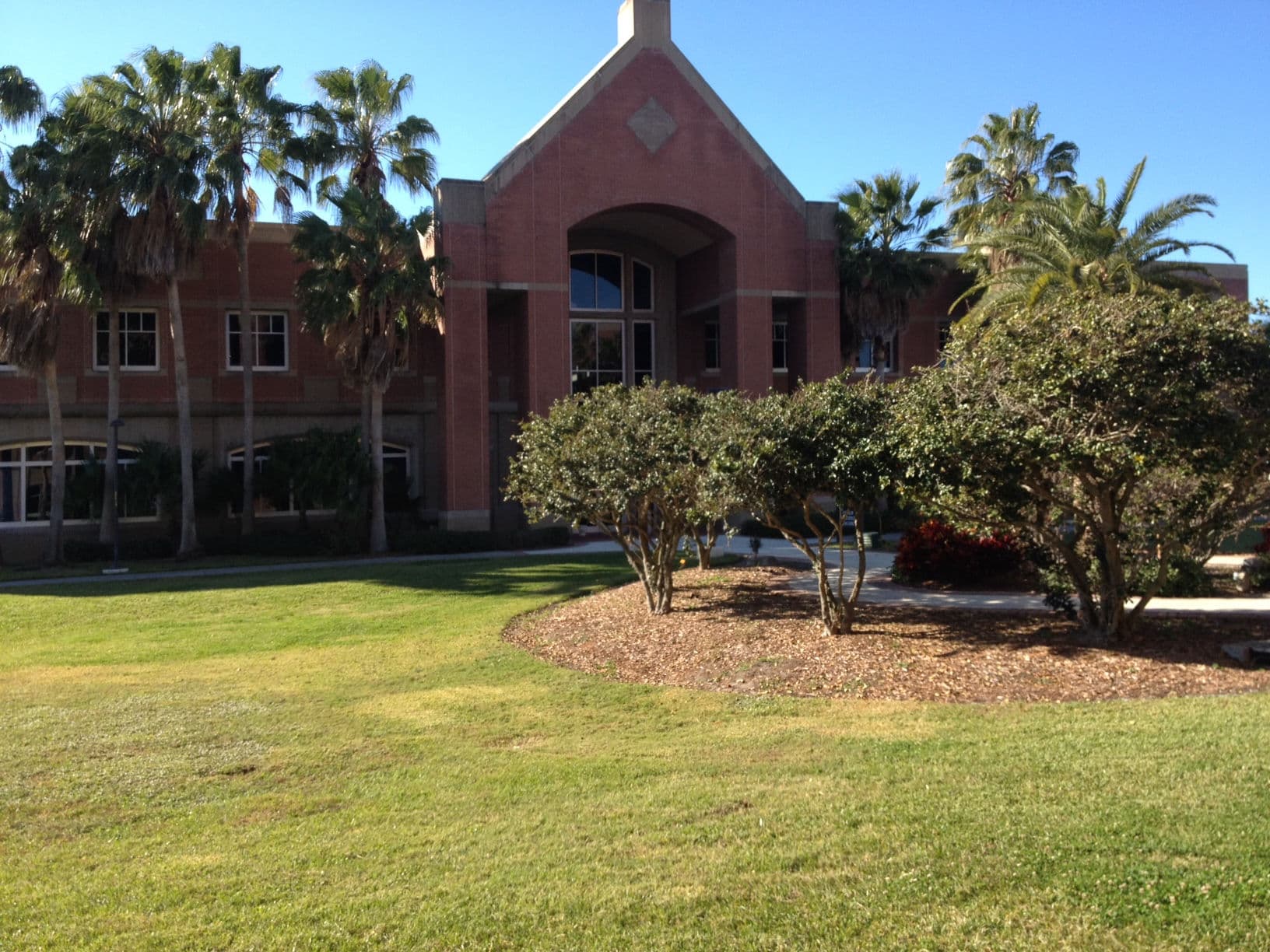 Exterior of the red brick Olin Physical Science Building at Florida Institute of Technology in Melbourne, Florida, with palm trees and a recessed arched entrance.